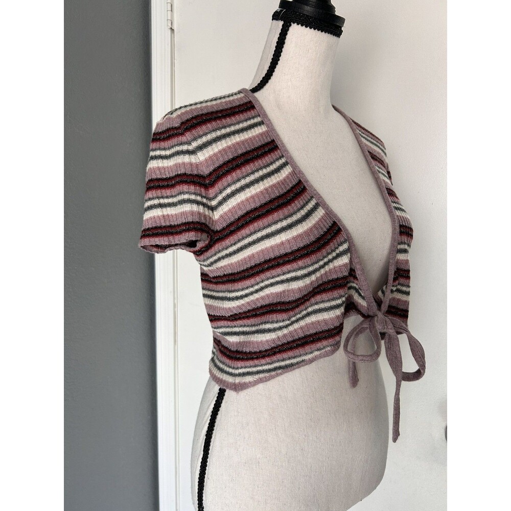 American Eagle Striped Tie Front Crop Cardigan Top S Coquette Whimsigoth Ribbed